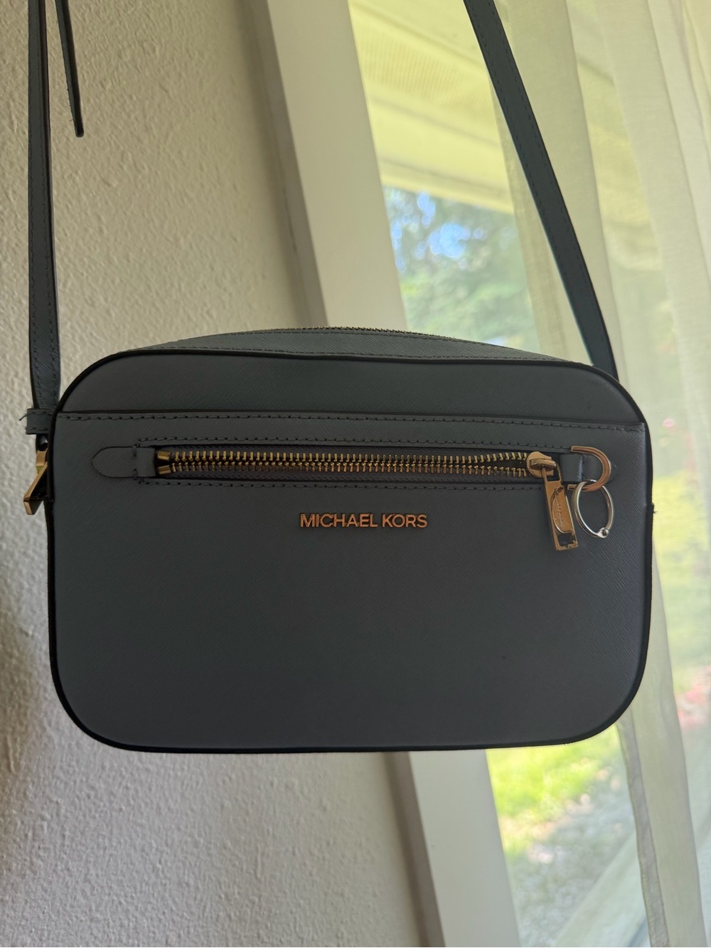 Michael Kors Gray Saffiano Crossbody Camera Bag with Gold Hardware